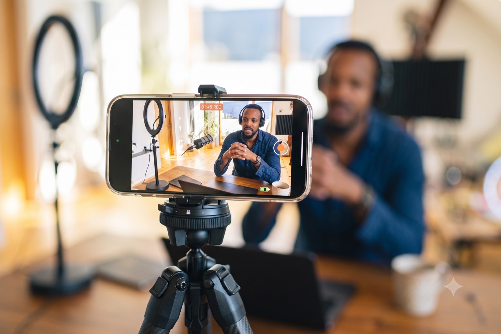 Creator recording a talking-head video with a phone on a tripod
